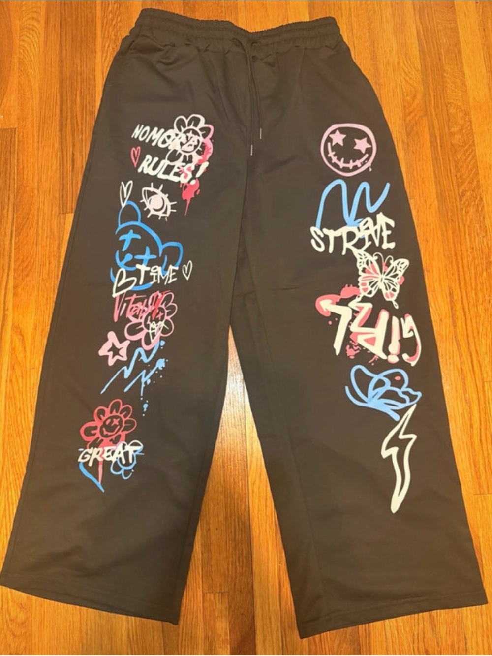 Kids Black Graphic Sweatpants with Pink & Blue Artwork